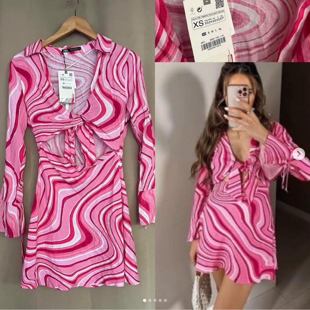 ZARA ZW WOMAN NEW NWT LINEN BLEND PRINT DRESS PINK 3659/793 SUMMER PUCCI XS